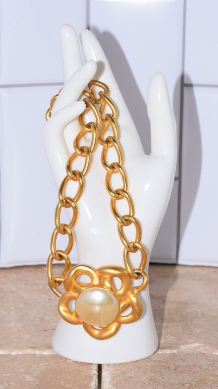 Maxine Denker Satin Matte Gold Tone Faux Pearl Couture Statement Necklace